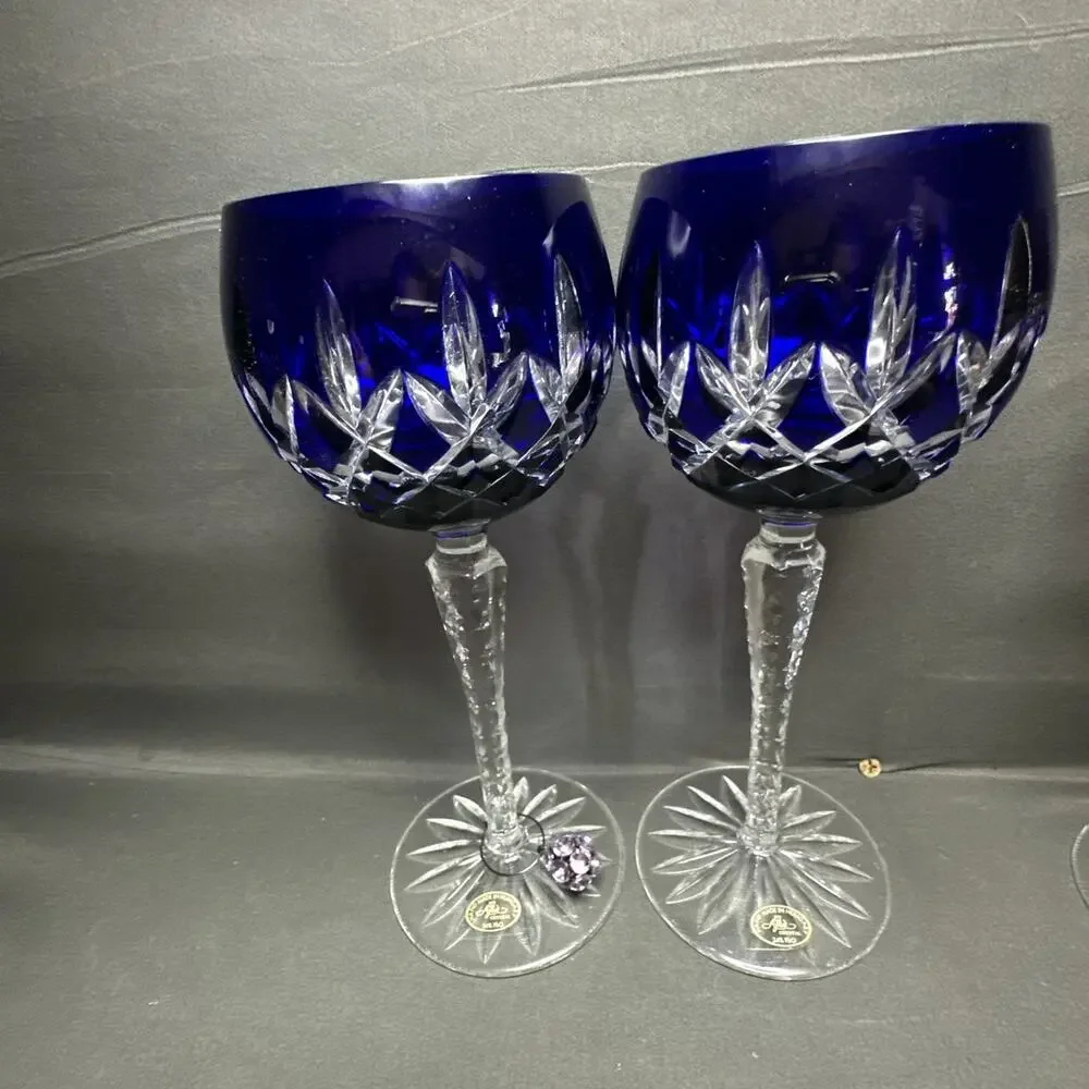 8 Ajka Crystal Cobalt Blue, Red,Green,Purple Cut-to-Clear Hock Wine Glass